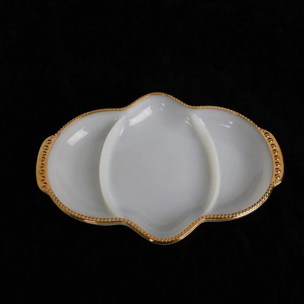 Fire King Milk Glass Relish Dish Tray 3 Section Divided White Gold Trim Vintage